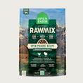 Load image into Gallery viewer, A bag of Open Farm RawMix Grain Free Open Prairie Recipe dog food. Humanely raised and sustainably sourced. A mountain ranch scene is in the background of the bag, with a vertical green bar behind the white text to highlight it.
