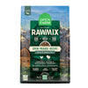 A bag of Open Farm RawMix Grain Free Open Prairie Recipe dog food. Humanely raised and sustainably sourced. A mountain ranch scene is in the background of the bag, with a vertical green bar behind the white text to highlight it.
