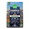 A bag of Open Farm RawMix Grain Free Wild Ocean Recipe dog food. Humanely raised and sustainably sourced. A mountain ranch scene is in the background of the bag, with a vertical blue bar behind the white text to highlight it.