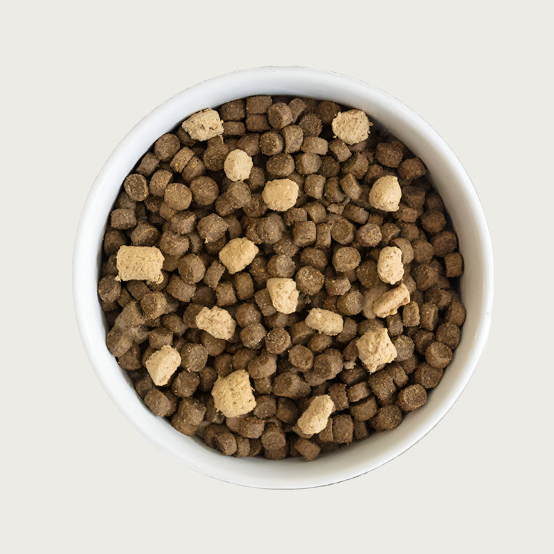 A close-up bowl of Open Farm's RawMix dog food. It is filled with pencil eraser sized brown kibbles, accented with light tan pieces of freeze dried raw.