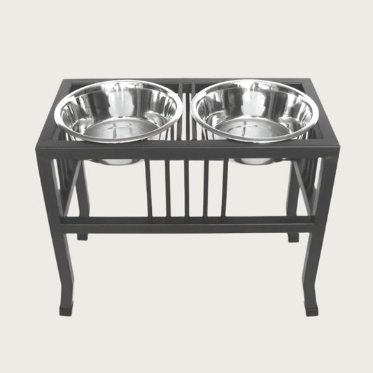 X-large elevated pet feeder with two metal bowls on a black stand.