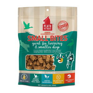 6 oz green and tan bag of Plato Pet Treats Small Bites Made with Duck Dog Treats. Small clear window shows treats inside - small, brown, rectangular shaped treats.