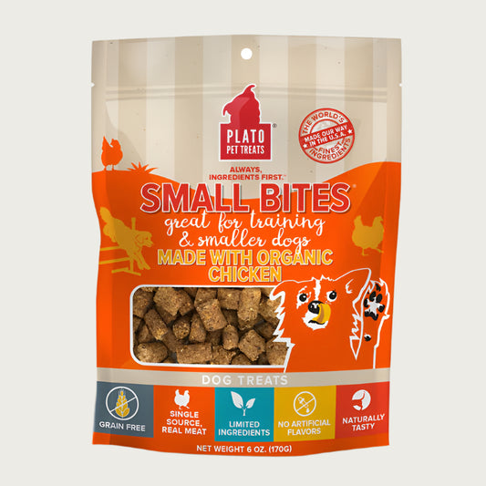 6 oz orange and tan bag of Plato Pet Treats Small Bites Made with Organic Chicken Dog Treats. Small clear window shows treats inside - small, brown, rectangular shaped treats.
