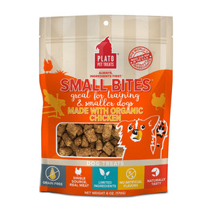 6 oz orange and tan bag of Plato Pet Treats Small Bites Made with Organic Chicken Dog Treats. Small clear window shows treats inside - small, brown, rectangular shaped treats.