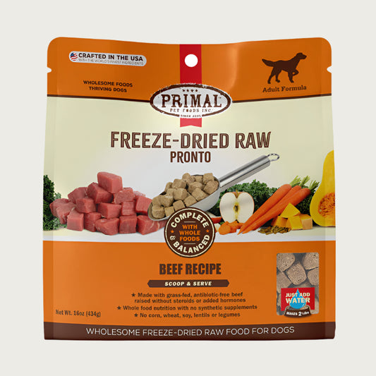 Primal Pronto freeze-dried raw dog food beef recipe for adult dogs in a 16 ounce bag.