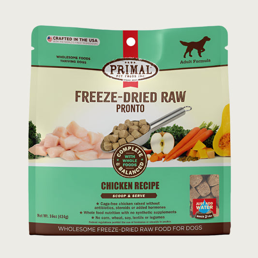 Primal Pronto freeze-dried raw dog food chicken recipe for adult dogs in a 16 ounce bag.
