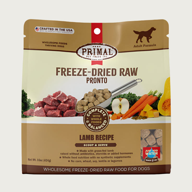 Primal Pronto freeze-dried raw dog food lamb recipe for adult dogs in a 16 ounce bag.