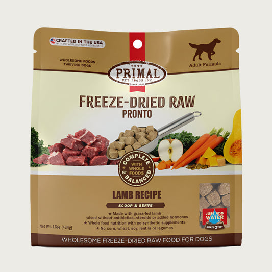 Primal Pronto freeze-dried raw dog food lamb recipe for adult dogs in a 16 ounce bag.