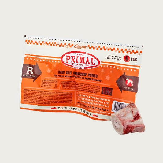 Primal frozen raw beef marrow bones for adult dogs, 6 small to medium sized cut bones in a bag.