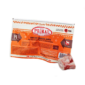 Primal frozen raw beef marrow bones for adult dogs, 6 small to medium sized cut bones in a bag.