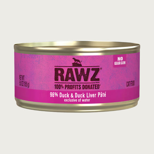 A pink 5.5 oz can of RAWZ 96% Duck & Duck Liver Pate (exclusive of water) cat food. No guar gum. 100% profits donated.