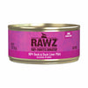 A pink 5.5 oz can of RAWZ 96% Duck & Duck Liver Pate (exclusive of water) cat food. No guar gum. 100% profits donated.