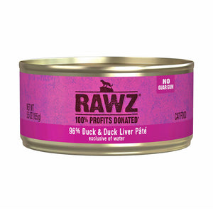 A pink 5.5 oz can of RAWZ 96% Duck & Duck Liver Pate (exclusive of water) cat food. No guar gum. 100% profits donated.