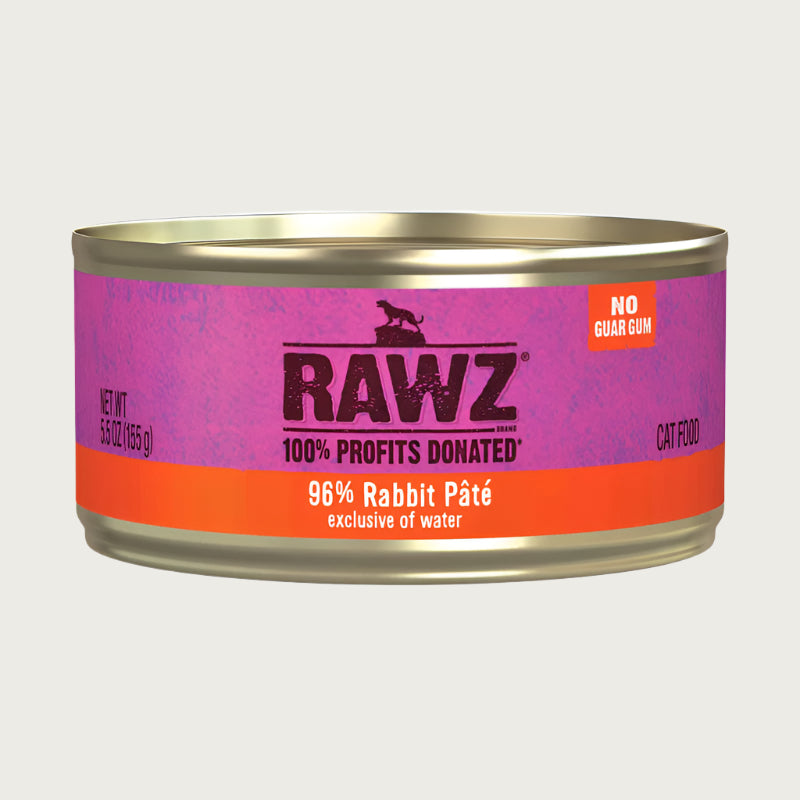 A pink 5.5 oz can of RAWZ 96% Rabbit Pate (exclusive of water) cat food. No guar gum. 100% profits donated.