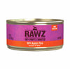 A pink 5.5 oz can of RAWZ 96% Rabbit Pate (exclusive of water) cat food. No guar gum. 100% profits donated.