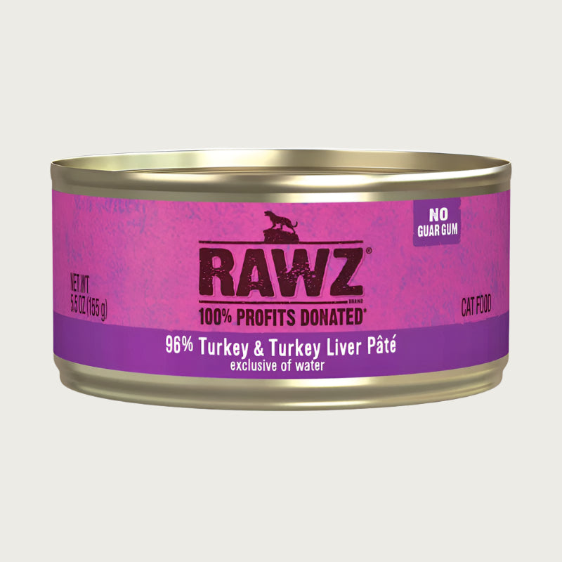 A pink 5.5 oz can of RAWZ 96% Turkey & Turkey Liver Pate (exclusive of water) cat food. No guar gum. 100% profits donated.