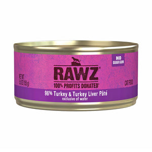 A pink 5.5 oz can of RAWZ 96% Turkey & Turkey Liver Pate (exclusive of water) cat food. No guar gum. 100% profits donated.