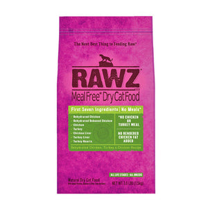 A 3.5 lb pink bag of RAWZ Meal Free Dry Cat Food, Dehydrated Chicken, Turkey & Chicken Recipe. Green box in center of bag is text heavy and reads, "First Seven Ingredients: Dehydrated Chicken, Dehydrated Deboned Chicken, Chicken, Turkey, Chicken Liver, Turkey Liver, Turkey Hearts." No Chicken or Turkey Meal, No rendered chicken fat added. 