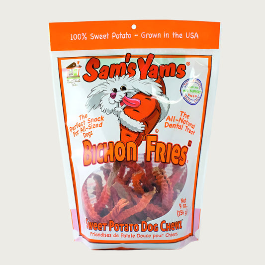 9 oz white & orange bag of Front Porch Pets Sam's Yams Bichon Fries Sweet Potato Dog Chews. The perfect snack for all-sized dogs. The all-natural dental treat. 100% sweet potato - grown in the USA. Large clear window in bag shows contents - crinkle cut sweet potato "fries" with skin on.