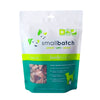 A teal and white bag of Smallbatch freeze-dried raw lamb heart treats for dogs and cats, 3.5 ounces. This is a single ingredient treat. The bag has a small, clear window showing cubed treat pieces.
