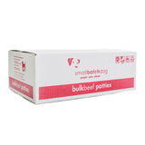 A red and white box of Smallbatch beef batch recipe, frozen raw dog food. This 18 pound bulk box contains 36 patties.