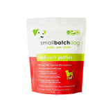 A red and white bag of Smallbatch beef batch recipe, frozen raw dog food. This 6 pound bag contains 12 patties.