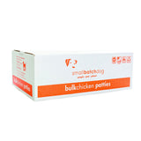 An orange and white box of Smallbatch chicken batch recipe, frozen raw dog food. This 18 pound bulk box contains 36 patties.