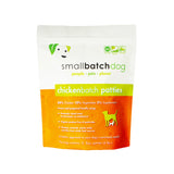 An orange and white bag of Smallbatch chicken batch recipe, frozen raw dog food. This 6 pound bag contains 12 patties.