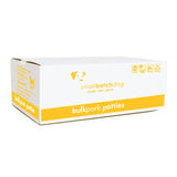 A yellow and white box of Smallbatch pork batch recipe, frozen raw dog food. This 18 pound bulk box contains 36 patties.