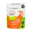 An orange and white, 5 pound bag of frozen Smallbatch chicken batch recipe sliders, lightly cooked dog food.