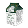 A green and white, 16 oz (1 pint) carton of gelatin Fish Jiggles from Solutions Pet Products. For dogs and cats, intended for intermittent or supplemental feeding only.