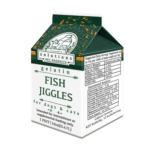 A green and white, 16 oz (1 pint) carton of gelatin Fish Jiggles from Solutions Pet Products. For dogs and cats, intended for intermittent or supplemental feeding only.
