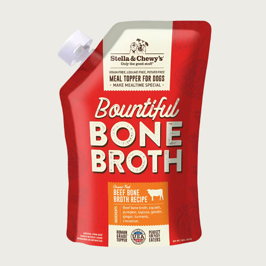 16 oz pouch with spout, of Stella & Chewy's Bountiful Bone Broth Grass-Fed Beef Bone Broth Recipe, meal topper for dogs. Human-grade, perfect for picky eaters.