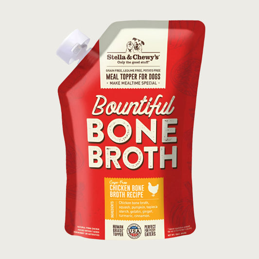 16 oz pouch with spout, of Stella & Chewy's Bountiful Bone Broth Cage-Free Chicken Bone Broth Recipe, meal topper for dogs. Human-grade, perfect for picky eaters.