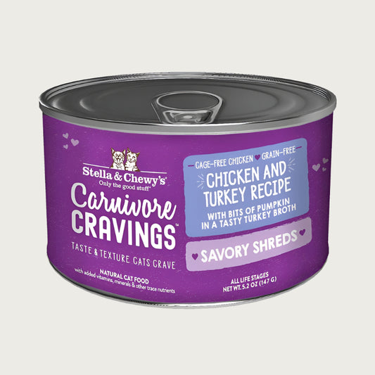 A 5.2 oz purple can of Stella & Chewy's Carnivore Cravings Savory Shreds, Chicken & Turkey Recipe, with bits of pumpkin in a tasty turkey broth for cats of all life stages.