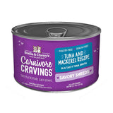 A 5.2 oz purple can of Stella & Chewy's Carnivore Cravings Savory Shreds, Tuna & Mackerel Recipe, in a tasty tuna broth for cats of all life stages.
