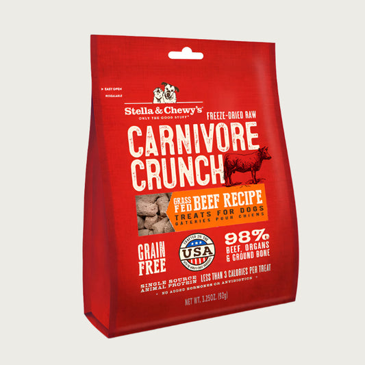 3.25 oz red bag of Stella & Chewy's Freeze-Dried Raw Carnivore Crunch Grass-Fed Beef Recipe Treats for Dogs. Grain-Free, 98% beef, organs & ground bone. Less than 3 calories per treat. Single source animal protein.