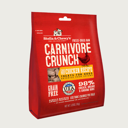 3.25 oz red bag of Stella & Chewy's Freeze-Dried Raw Carnivore Crunch Cage-Free Chicken Recipe Treats for Dogs. Grain-Free, 98% chicken, organs & ground bone. Less than 3 calories per treat. Single source animal protein.