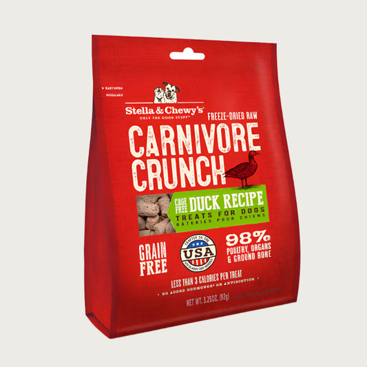 3.25 oz red bag of Stella & Chewy's Freeze-Dried Raw Carnivore Crunch Cage-Free Duck Recipe Treats for Dogs. Grain-Free, 98% poultry, organs & ground bone. Less than 3 calories per treat.