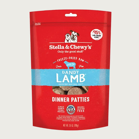 25 oz red bag of Stella & Chewy's "Only the good stuff" Dandy Lamb Dinner Patties. Additional text: 95% lamb, organs & bone, freeze-dried raw, grain free, grass-fed.