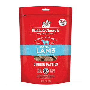 25 oz red bag of Stella & Chewy's "Only the good stuff" Dandy Lamb Dinner Patties. Additional text: 95% lamb, organs & bone, freeze-dried raw, grain free, grass-fed.