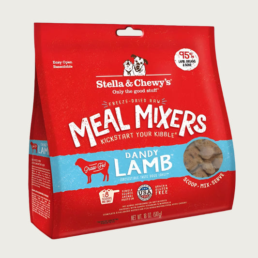 18 oz red bag of Stella & Chewy's "Only the good stuff" Freeze-Dried Raw Meal Mixers "Kickstart Your Kibble" Dandy Lamb recipe for dogs. Additional text: 95% lamb, organs & bone, grain free, grass-fed, single source animal protein.
