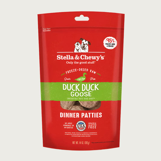 14 oz red bag of Stella & Chewy's "Only the good stuff" Duck Duck Goose Dinner Patties. Additional text: 95% poultry, organs & bone, freeze-dried raw, grain free, cage-free.