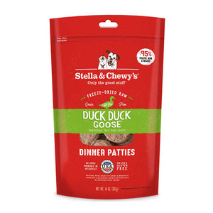 14 oz red bag of Stella & Chewy's "Only the good stuff" Duck Duck Goose Dinner Patties. Additional text: 95% poultry, organs & bone, freeze-dried raw, grain free, cage-free.