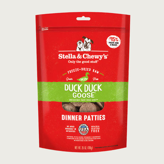 25 oz red bag of Stella & Chewy's "Only the good stuff" Duck Duck Goose Dinner Patties. Additional text: 95% poultry, organs & bone, freeze-dried raw, grain free, cage-free.