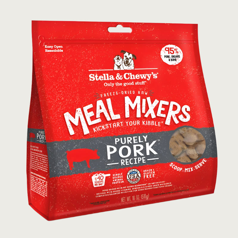 18 oz red bag of Stella & Chewy's "Only the good stuff" Freeze-Dried Raw Meal Mixers "Kickstart Your Kibble" Purely Pork recipe for dogs. Additional text: 95% pork, organs & bone, grain free, single source animal protein.