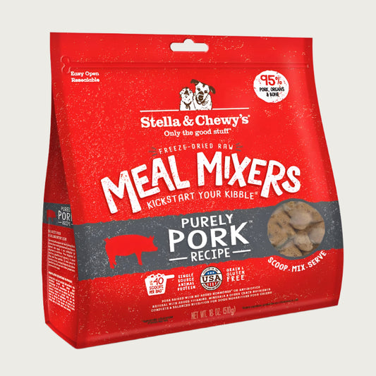 18 oz red bag of Stella & Chewy's "Only the good stuff" Freeze-Dried Raw Meal Mixers "Kickstart Your Kibble" Purely Pork recipe for dogs. Additional text: 95% pork, organs & bone, grain free, single source animal protein.