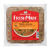 A 16 oz clear pouch of Stella & Chewy's FreshMade Gently Cooked Beefy-Licious dog food. Product is visible around the centered red label, and looks like finely ground beef with chopped vegetables.