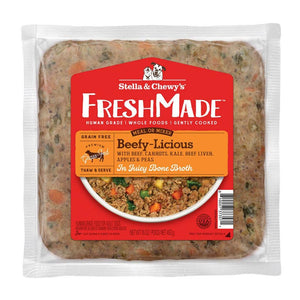 A 16 oz clear pouch of Stella & Chewy's FreshMade Gently Cooked Beefy-Licious dog food. Product is visible around the centered red label, and looks like finely ground beef with chopped vegetables.