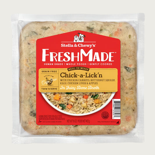 A 16 oz clear pouch of Stella & Chewy's FreshMade Gently Cooked Chick-a-Lickn dog food. Product is visible around the centered red label, and looks like finely ground chicken with chopped vegetables.